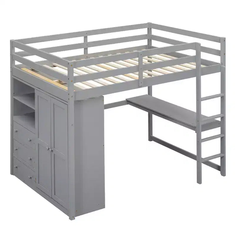 Letto a soppalco a grandezza naturale con armadio e scrivania, struttura letto a soppalco in legno con ripiani e cassetti per bambini, ragazzi e adulti