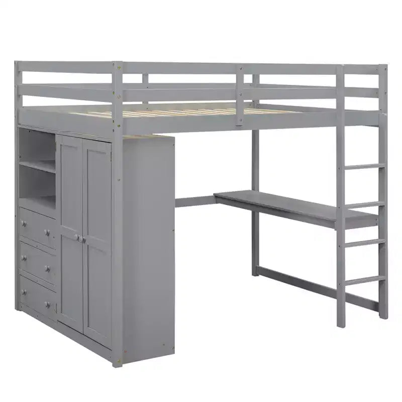 Letto a soppalco a grandezza naturale con armadio e scrivania, struttura letto a soppalco in legno con ripiani e cassetti per bambini, ragazzi e adulti