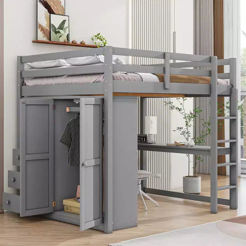 Letto a soppalco a grandezza naturale con armadio e scrivania, struttura letto a soppalco in legno con ripiani e cassetti per bambini, ragazzi e adulti