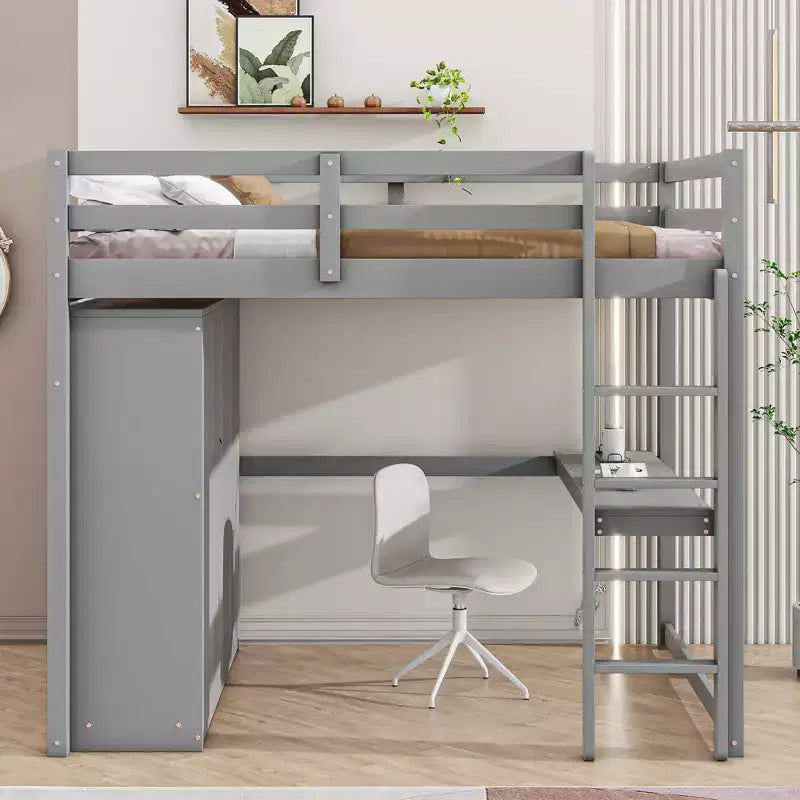 Letto a soppalco a grandezza naturale con armadio e scrivania, struttura letto a soppalco in legno con ripiani e cassetti per bambini, ragazzi e adulti