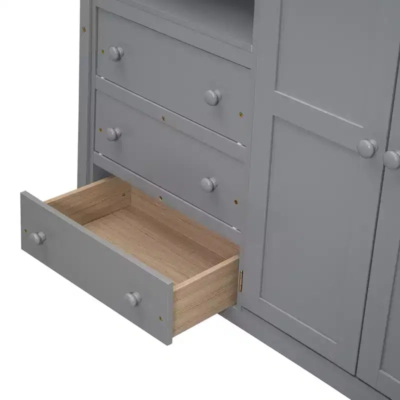 Letto a soppalco a grandezza naturale con armadio e scrivania, struttura letto a soppalco in legno con ripiani e cassetti per bambini, ragazzi e adulti