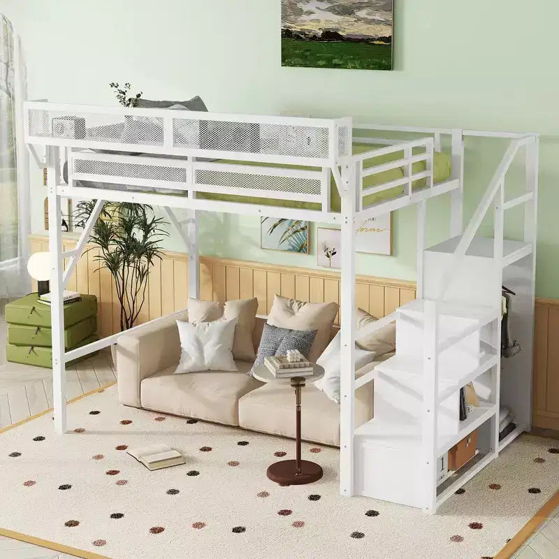 Letto a soppalco full size in metallo bianco con scale, ripiani portaoggetti e armadio, per bambini e ragazzi
