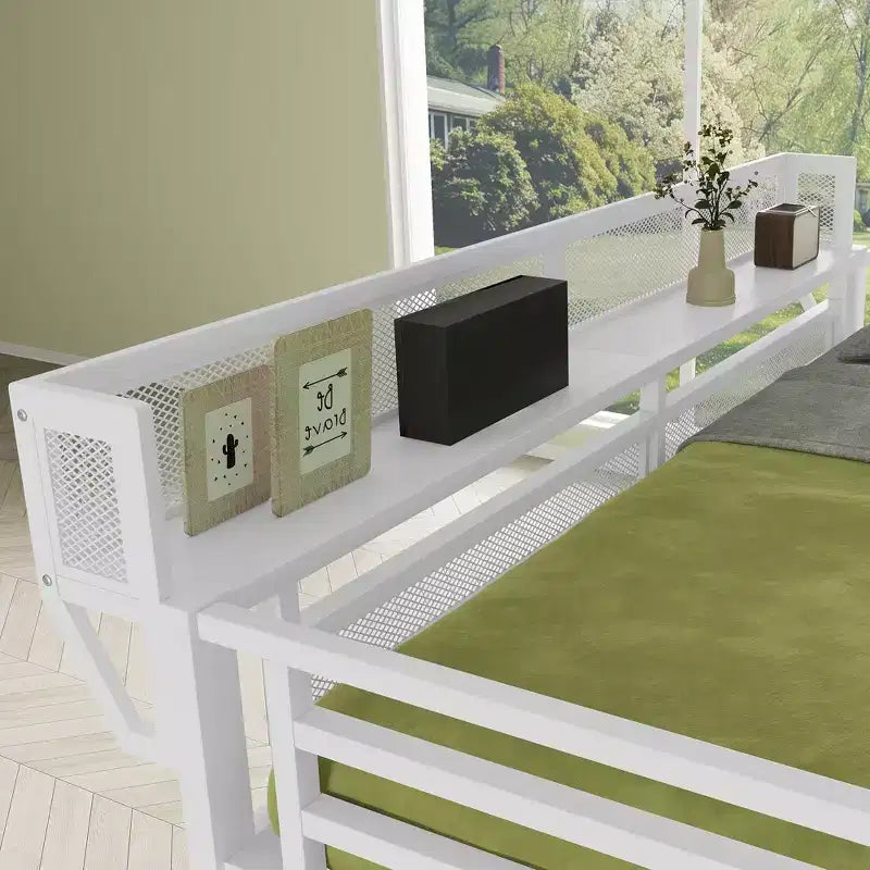 Letto a soppalco full size in metallo bianco con scale, ripiani portaoggetti e armadio, per bambini e ragazzi