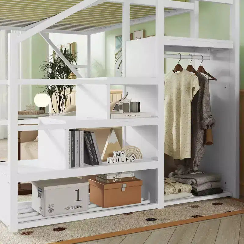 Letto a soppalco full size in metallo bianco con scale, ripiani portaoggetti e armadio, per bambini e ragazzi
