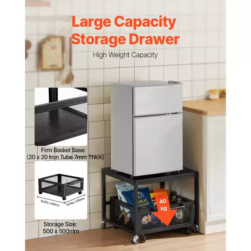 VEVOR Supporto per Mini Frigo con Ripiano, Tavolino per Mini Frigo da 90 kg con Carrello Rimovibile e Ruote Girevoli, Supporto per Frigorifero per Bevande, Nero