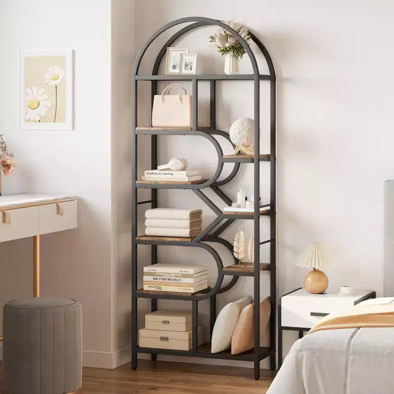 Libreria ad arco a 6 ripiani, scaffale in metallo alto 82 cm, scaffali espositivi con ripiani aperti per camera da letto, soggiorno, ufficio domestico