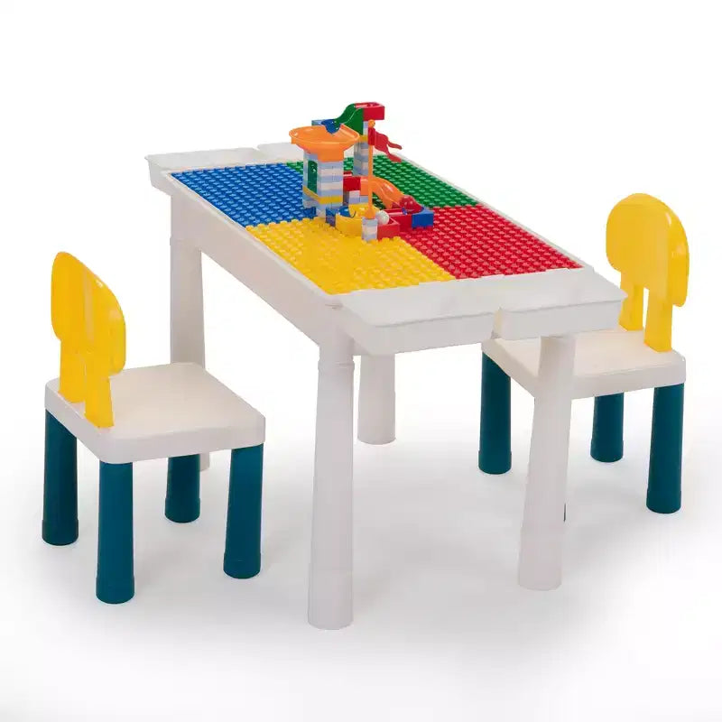 Tavolo e sedie per attività per bambini all-in-one, tavolo da gioco con costruzioni con 100 mattoncini fai da te, tavolo da pranzo e scrivania per bambini piccoli