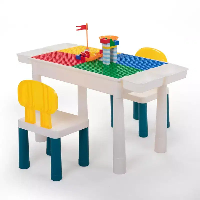 Tavolo e sedie per attività per bambini all-in-one, tavolo da gioco con costruzioni con 100 mattoncini fai da te, tavolo da pranzo e scrivania per bambini piccoli