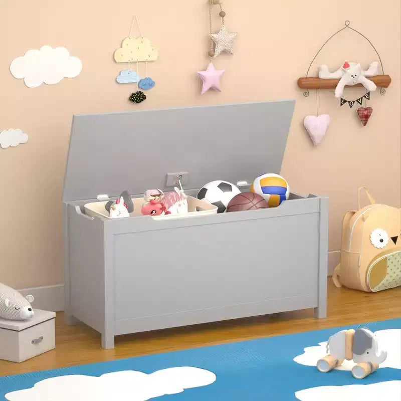 Contenitore portaoggetti per giocattoli in legno per bambini con coperchio incernierato di sicurezza per età 2+ (grigio)