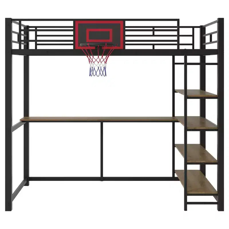Letto a soppalco in metallo singolo con scrivania e mensole, struttura letto a soppalco resistente con canestro da basket, nero