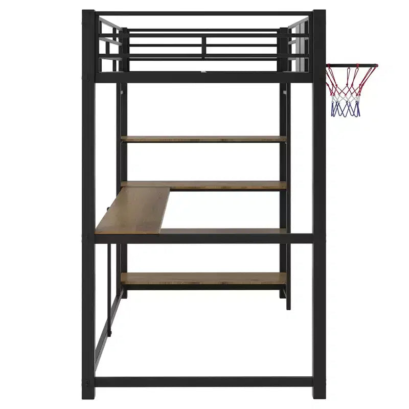 Letto a soppalco in metallo singolo con scrivania e mensole, struttura letto a soppalco resistente con canestro da basket, nero