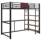 Letto a soppalco in metallo singolo con scrivania e mensole, struttura letto a soppalco resistente con canestro da basket, nero