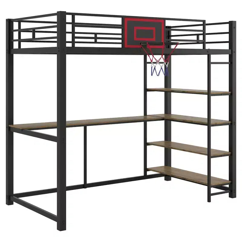 Letto a soppalco in metallo singolo con scrivania e mensole, struttura letto a soppalco resistente con canestro da basket, nero