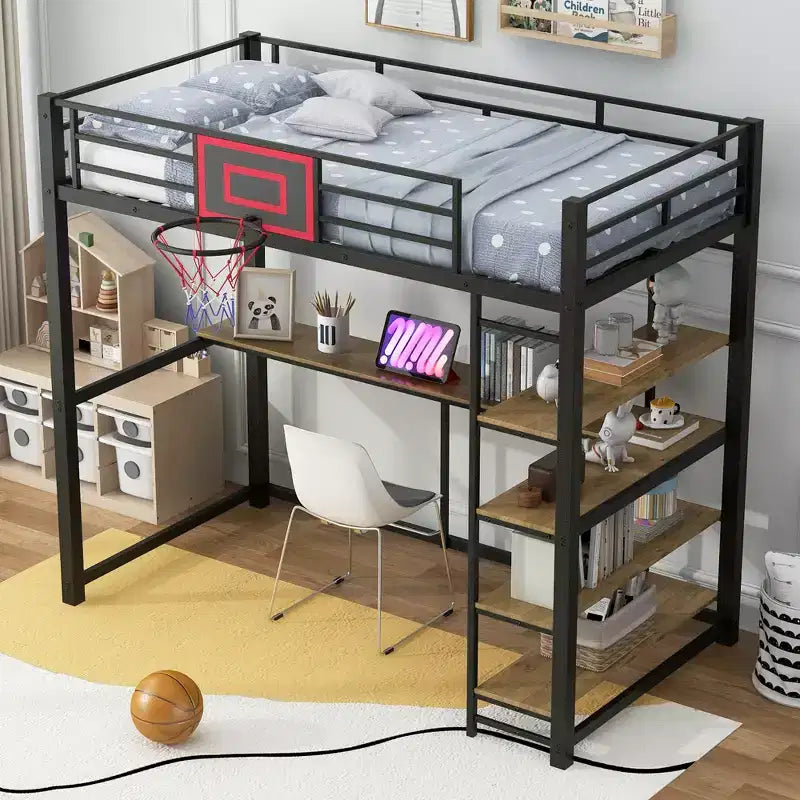 Letto a soppalco in metallo singolo con scrivania e mensole, struttura letto a soppalco resistente con canestro da basket, nero