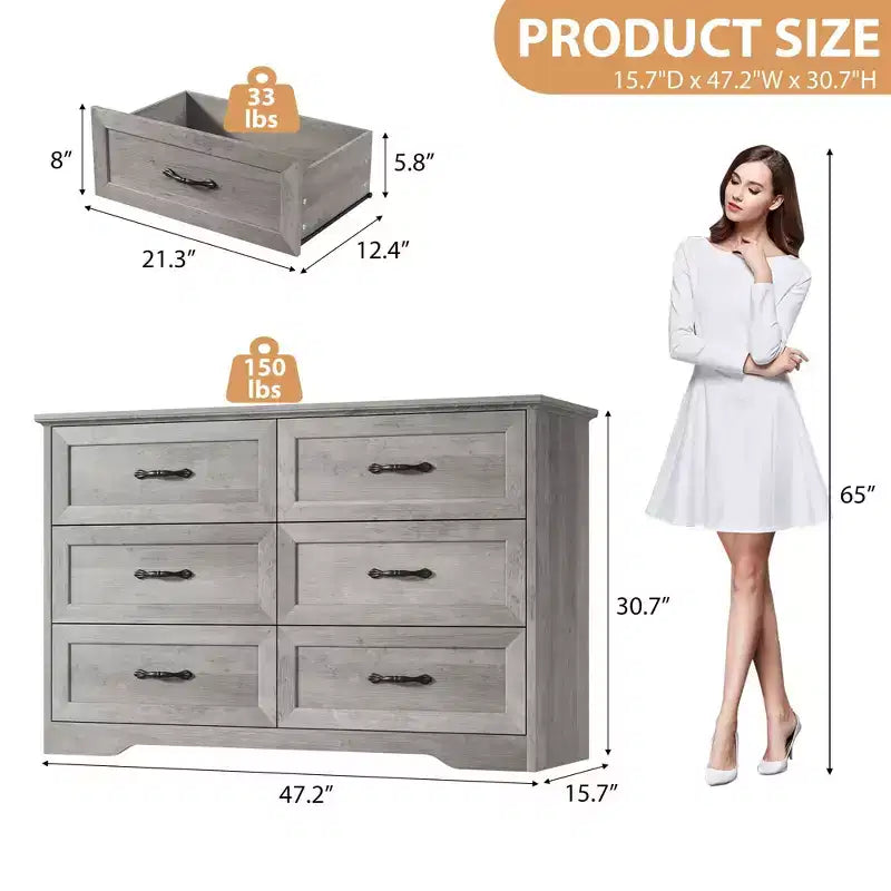 Cassettiera a 6 cassetti per camera da letto, Comodino con ampia maniglia in metallo, Cassettiere organizer portaoggetti