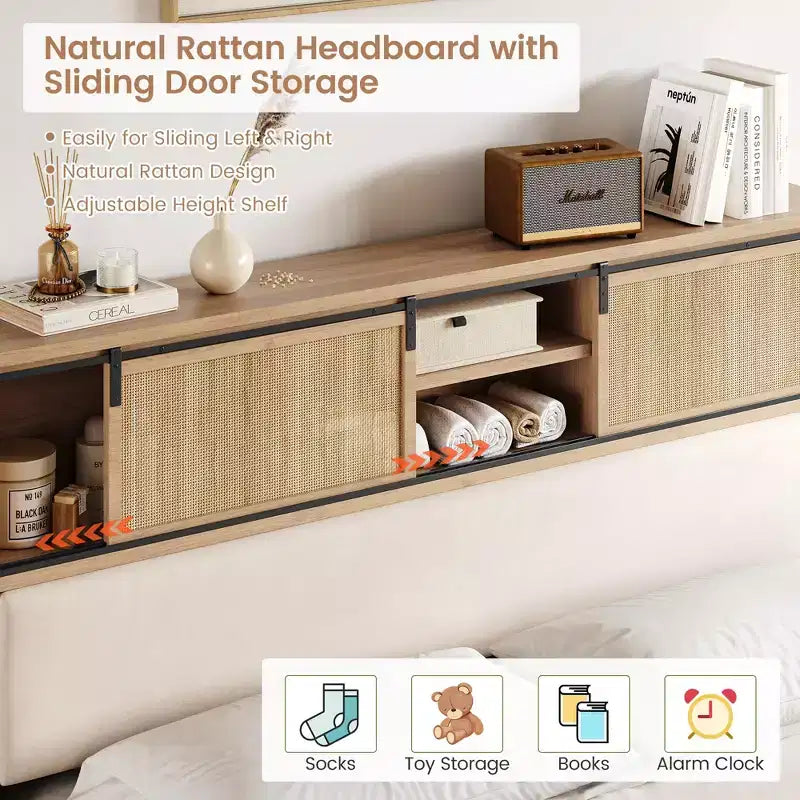 Struttura letto con mensole, struttura letto a piattaforma in legno massello, testiera in rattan naturale e contenitore con ante scorrevoli