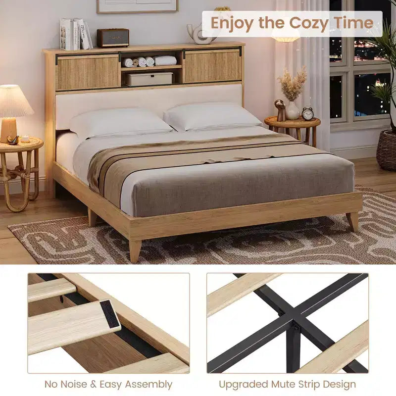Struttura letto con mensole, struttura letto a piattaforma in legno massello, testiera in rattan naturale e contenitore con ante scorrevoli