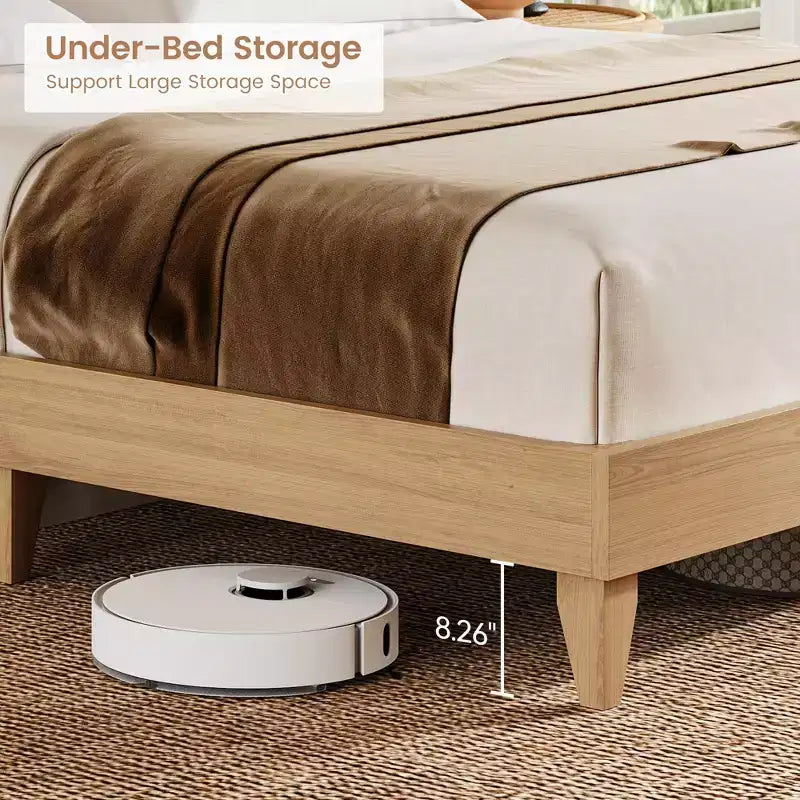 Struttura letto con mensole, struttura letto a piattaforma in legno massello, testiera in rattan naturale e contenitore con ante scorrevoli