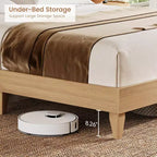 Struttura letto con mensole, struttura letto a piattaforma in legno massello, testiera in rattan naturale e contenitore con ante scorrevoli