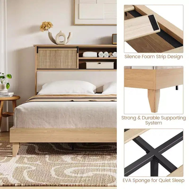 Struttura letto con mensole, struttura letto a piattaforma in legno massello, testiera in rattan naturale e contenitore con ante scorrevoli