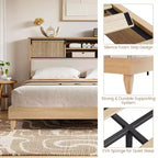 Struttura letto con mensole, struttura letto a piattaforma in legno massello, testiera in rattan naturale e contenitore con ante scorrevoli