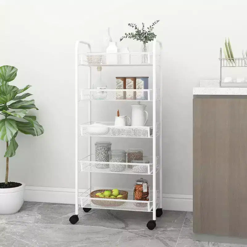 CLIHOME Carrello di servizio a rotelle a 5 ripiani in rete con cestino portaoggetti, carrello per casa, ufficio, dispensa e cucina