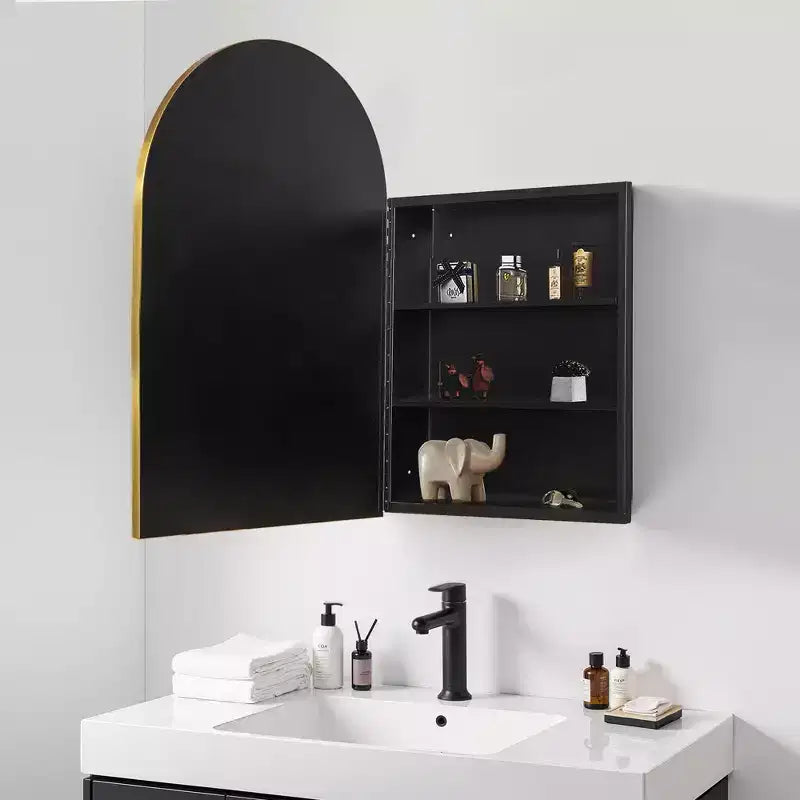 MAYEERTY 36 x 24 pollici Armadietto a specchio da bagno moderno con arco, specchio da parete con cornice in metallo e contenitore, Oro