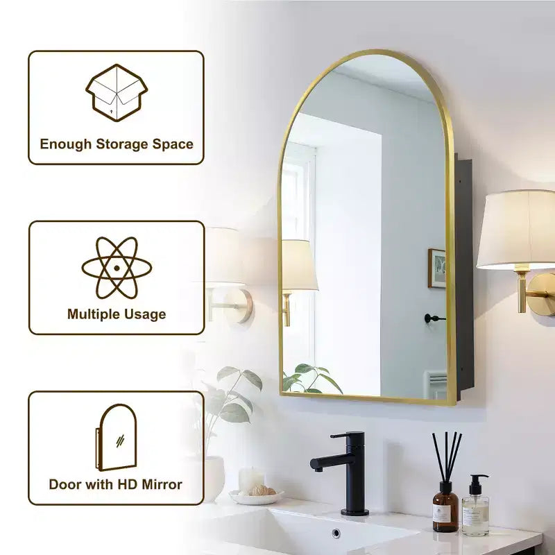 MAYEERTY 36 x 24 pollici Armadietto a specchio da bagno moderno con arco, specchio da parete con cornice in metallo e contenitore, Oro
