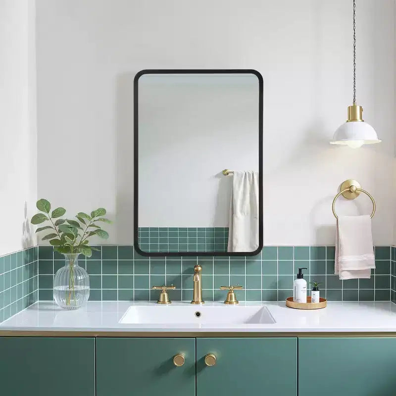 MAYEERTY 28 x 20 pollici, moderno armadietto a specchio rettangolare per bagno, specchio da parete con cornice in metallo e contenitore, nero