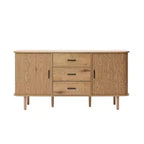 LuxenHome Oak Finish MDF Wood 3-Drawer Sideboard Cabinet with Sliding Doors & Rounded Corners