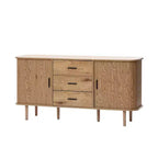 Mobile credenza LuxenHome in MDF con finitura rovere, 3 cassetti, ante scorrevoli e angoli arrotondati