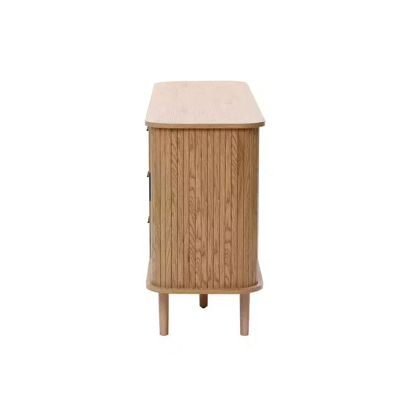 Mobile credenza LuxenHome in MDF con finitura rovere, 3 cassetti, ante scorrevoli e angoli arrotondati