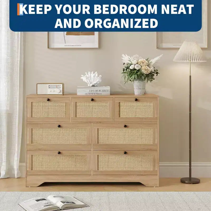 Comodino in Rattan a 7 Cassetti per Camera da Letto, Cassettiere Moderne da Fattoria, Organizzatore per Armadio, Salotto, Ingresso in Legno