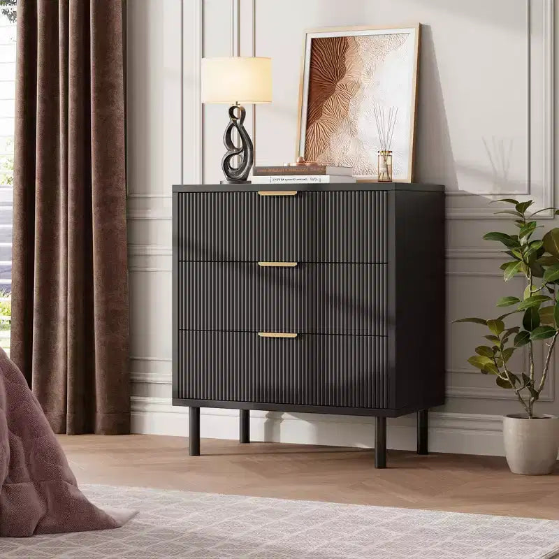 Black Fluted 3 Drawers Dresser, Wide Wood Chest of Drawers, Modern Storage Dresser Chest of Drawers Organizer with Metal Legs and Anti-Tipping Device