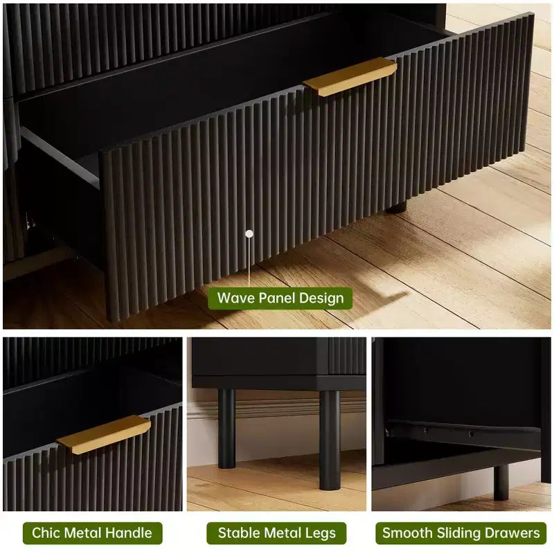 Cassettiera Nera con 3 Cassetti Scanalati, Comò in Legno Largo, Cassettiera Moderna Contenitore con Gambe in Metallo e Dispositivo Antiribaltamento