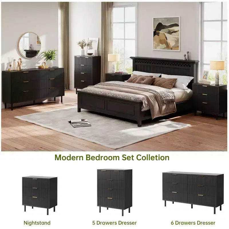 Cassettiera Nera con 3 Cassetti Scanalati, Comò in Legno Largo, Cassettiera Moderna Contenitore con Gambe in Metallo e Dispositivo Antiribaltamento