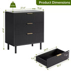 Cassettiera Nera con 3 Cassetti Scanalati, Comò in Legno Largo, Cassettiera Moderna Contenitore con Gambe in Metallo e Dispositivo Antiribaltamento