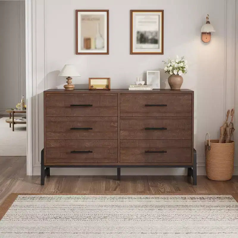 Cassettiera a 6 cassetti per camera da letto, comò in legno da 52W con gambe in metallo, organizer per vestiti, mobile TV per corridoio