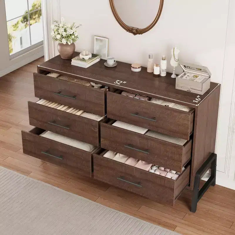 Cassettiera a 6 cassetti per camera da letto, comò in legno da 52W con gambe in metallo, organizer per vestiti, mobile TV per corridoio