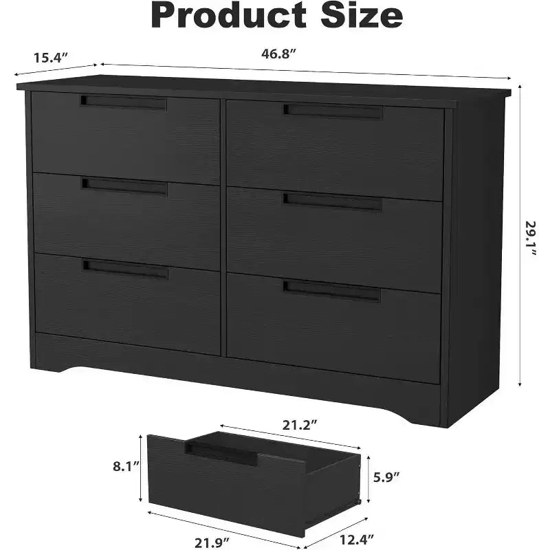 Comò Acekool a 6 cassetti per camera da letto, cassettiera moderna nera ampia, maniglie integrate, comò in legno per soggiorno, cameretta, corridoio