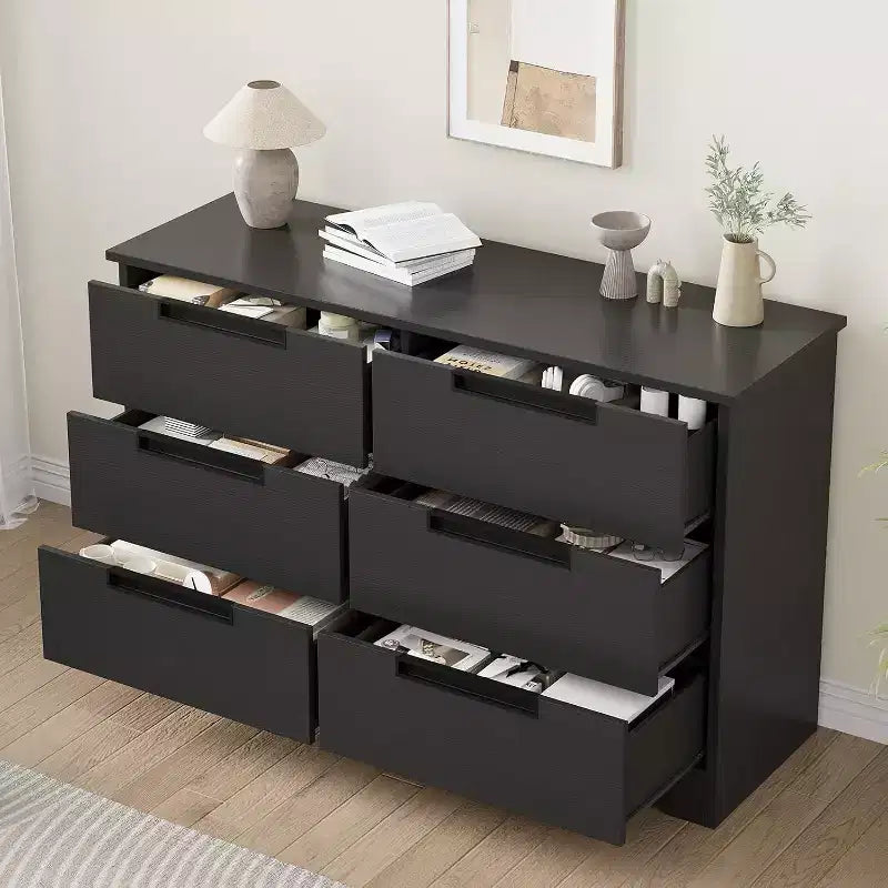 Comò Acekool a 6 cassetti per camera da letto, cassettiera moderna nera ampia, maniglie integrate, comò in legno per soggiorno, cameretta, corridoio