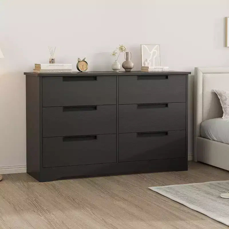Comò Acekool a 6 cassetti per camera da letto, cassettiera moderna nera ampia, maniglie integrate, comò in legno per soggiorno, cameretta, corridoio