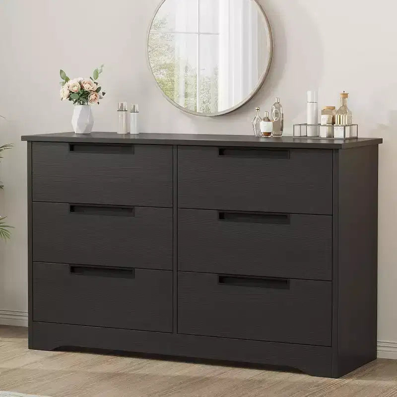 Comò Acekool a 6 cassetti per camera da letto, cassettiera moderna nera ampia, maniglie integrate, comò in legno per soggiorno, cameretta, corridoio
