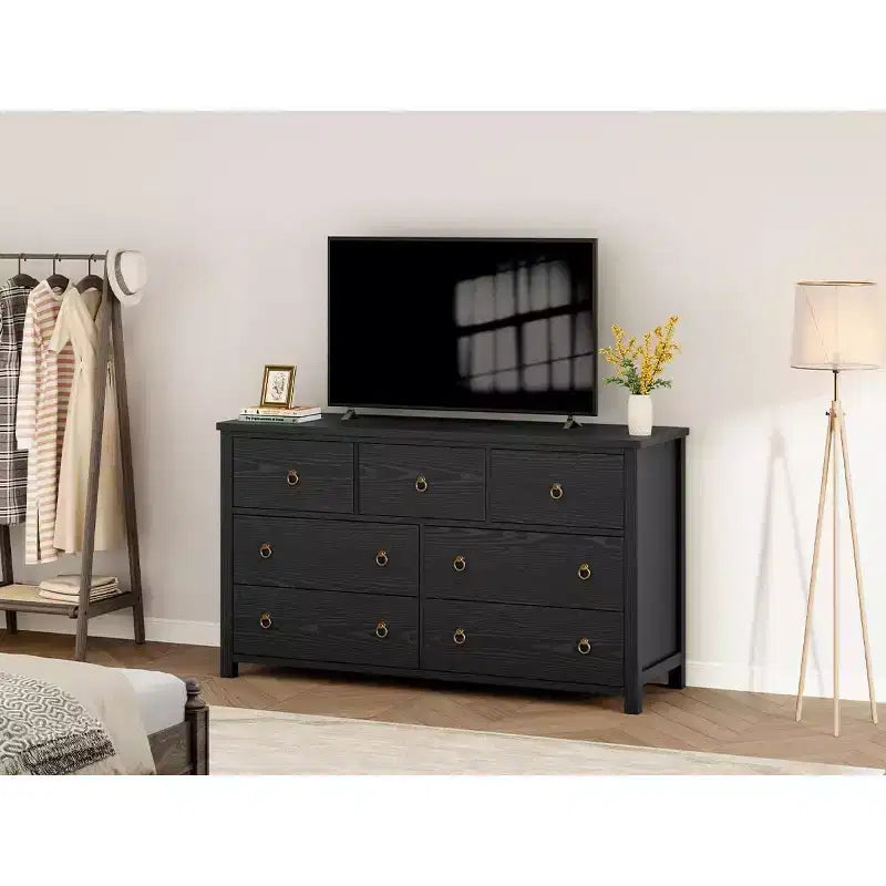 Comò a 7 cassetti, cassettiera moderna in legno, mobile TV con cassetti, organizer in legno con maniglie per camera da letto, soggiorno, corridoio, bianco