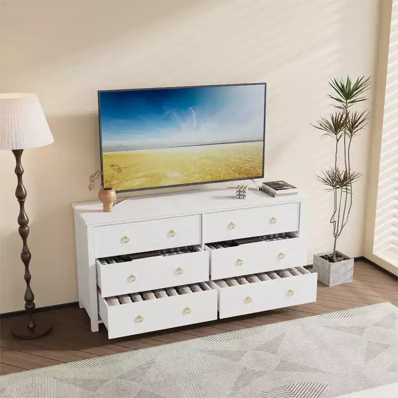 Comò a 7 cassetti, cassettiera moderna in legno, mobile TV con cassetti, organizer in legno con maniglie per camera da letto, soggiorno, corridoio, bianco