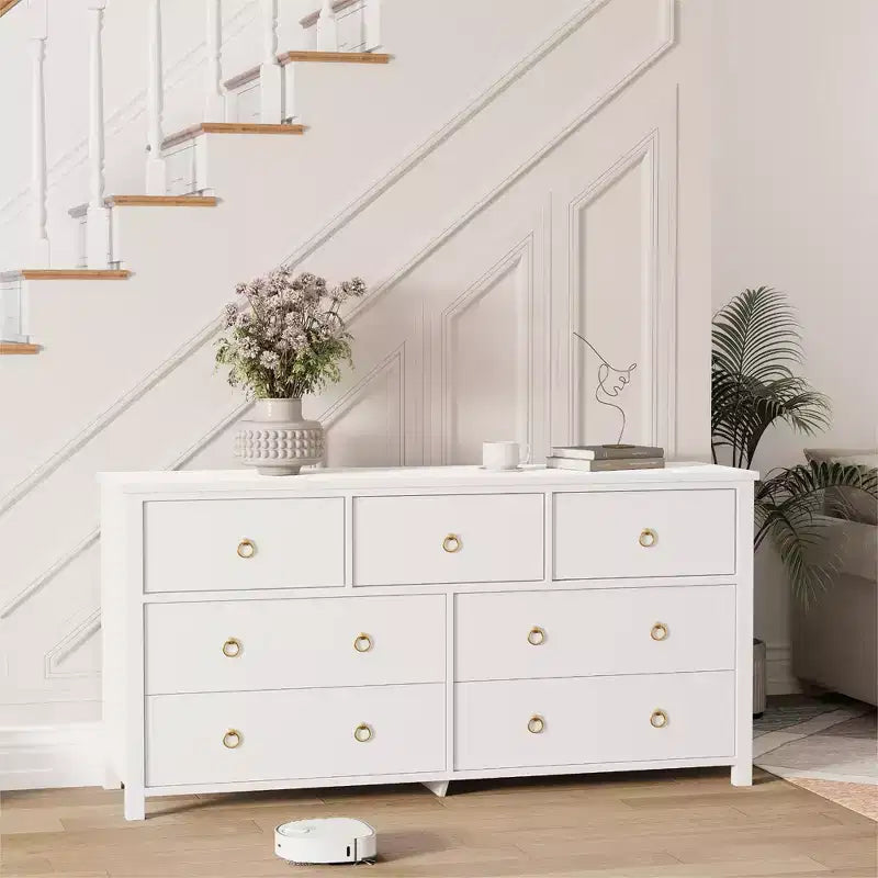 Comò a 7 cassetti, cassettiera moderna in legno, mobile TV con cassetti, organizer in legno con maniglie per camera da letto, soggiorno, corridoio, bianco