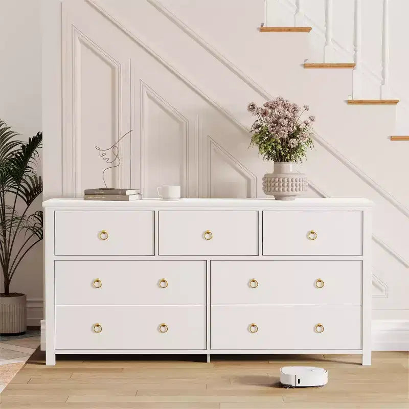 Comò a 7 cassetti, cassettiera moderna in legno, mobile TV con cassetti, organizer in legno con maniglie per camera da letto, soggiorno, corridoio, bianco