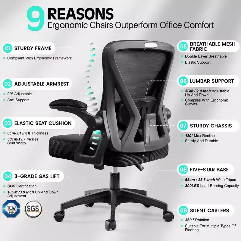 Sedie da Scrivania Ergonomiche per Computer, Sedia da Ufficio Comoda e Traspirante con Supporto Lombare Regolabile e Braccioli Ribaltabili,