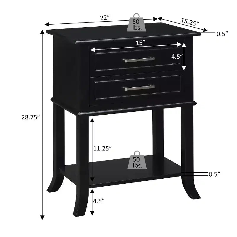 Tavolino HomeStock Belmont a 2 cassetti con mensola, comodino contenitore moderno con frontale sagomato, gambe svasate in legno massello, tavolino d'accento