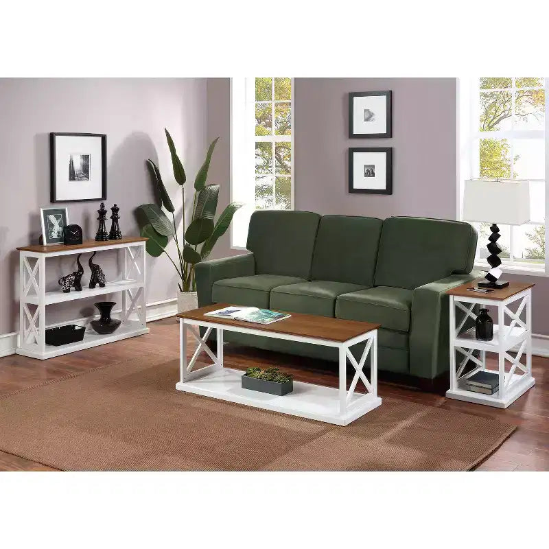 Tavolino d'appoggio HomeStock Belmont con ripiani, design a X doppia laterale, espositore a tre livelli, mobile d'accento in legno massello per soggiorno